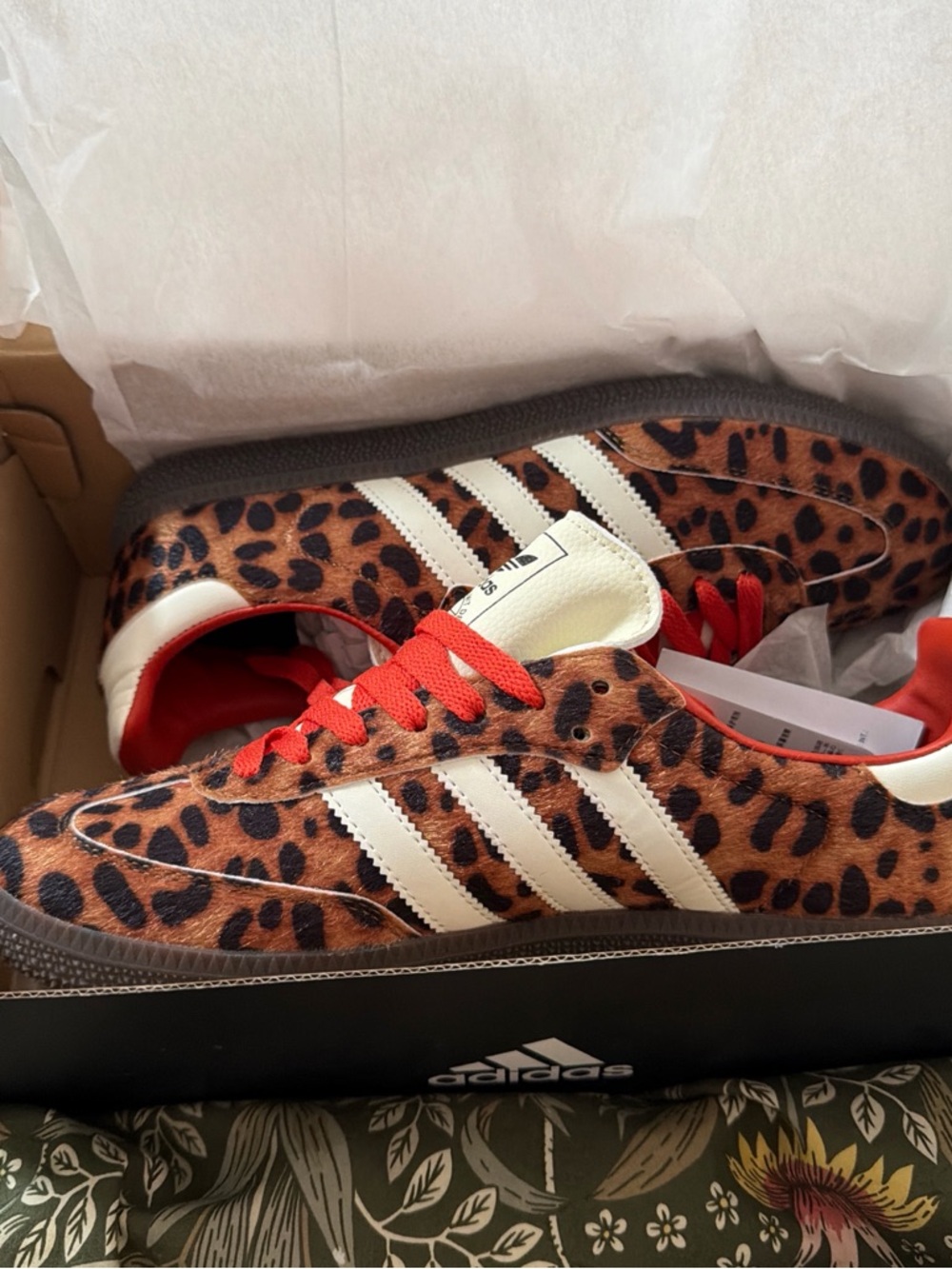 adidas Leopard-Print Sneakers with White Stripes and Red Accents